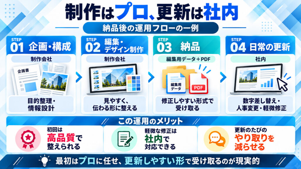 納品後の運用フローの例。企画・構成と編集・デザイン制作は制作会社が担い、編集用データとPDFで納品。その後の数字の差し替えや軽微な修正は社内で対応する。
